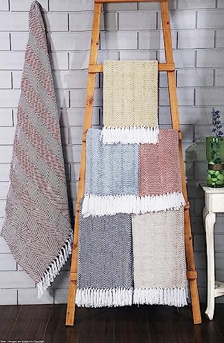 Hand Woven Throw Blankets - Cotton - Rustic Ottoman - Batik Chair Blanket - Striped with Fringe - Picnic Throw 50"x60" - Set of Two (Black Chevron) - color: Black Chevron