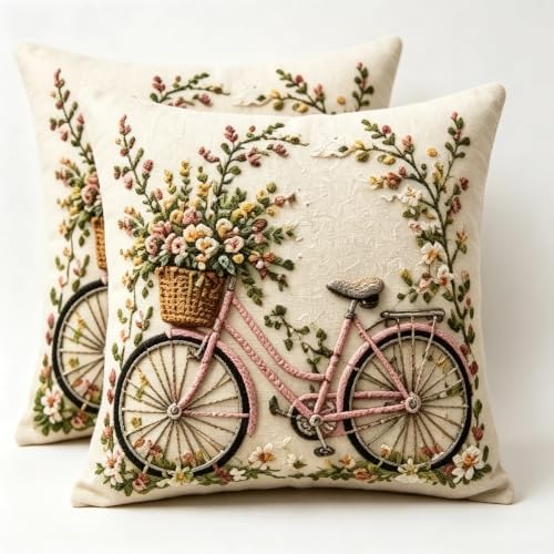 2D Flat Pink Bicycle Flower Basket Linen Throw Pillow Covers 18x18 Set of 2 - color: A20024, size: 18" x 18" (Pack of 2)
