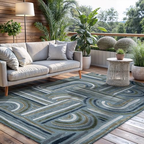 CAMILSON Indoor Outdoor Rug, Aqua 5x7 Geometric Arch Striped Area Rugs for Patio and Home Areas, Easy-Cleaning Non-Shedding Living Room, Garden and Deck Washable Outside Carpet (5 x 7) - color: 3004 Aqua, size: 5' x 7' (Rectangular)