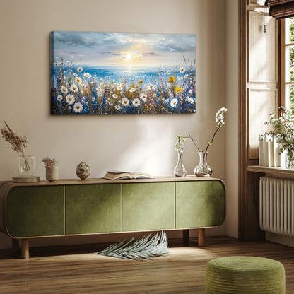 crmotu Seaside Landscape Wall Art, Beach Wildflower Sunset Large Paintings 20X40 In - color: Sunrise Seaside Flowers, size: 40"L x 20"W