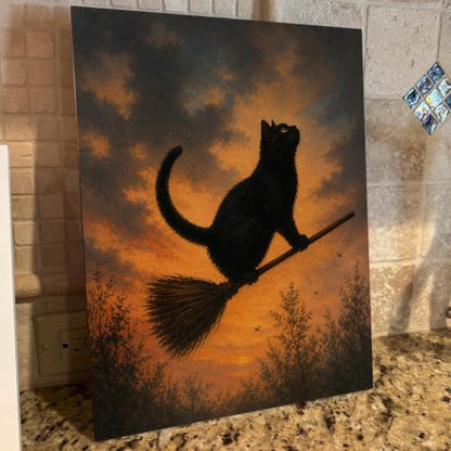 Halloween Wall Art Framed Canvas Print Black Cat Broom Poster - color: O