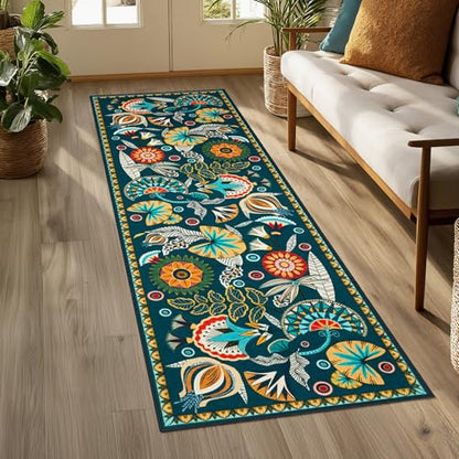 Joydeco Egypt Floral Boho 2x6 Washable Kitchen Hallway Bathroom Rug Runner - color: Dark Green, size: 2' x 6' (Runner)