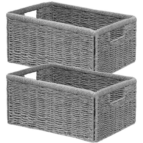 Vagusicc Wicker Storage Basket, Set of 2 Hand Woven Wicker Baskets for Organizing with Handles, Decorative Small Storage Bins for Countertop Toilet Paper Basket for Toilet Tank Top Shelves, Grey - color: Grey, size: Medium