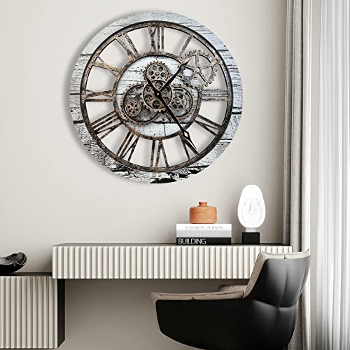 The B-Style Large Wall Clock 24 inch Gray and White - color: Gray White and Bronze Gears, size: 24 inch (60 cm)
