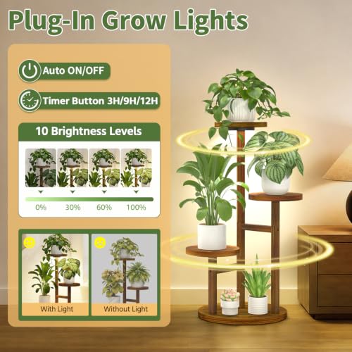 LASZOLA Wood Small Plant Stand Table Indoor Tall with Lights, 3 Tier Brown - color: Brown with Light, size: 3 Tier