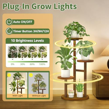 LASZOLA Wood Small Plant Stand Table Indoor Tall with Lights, 3 Tier Brown - color: Brown with Light, size: 3 Tier
