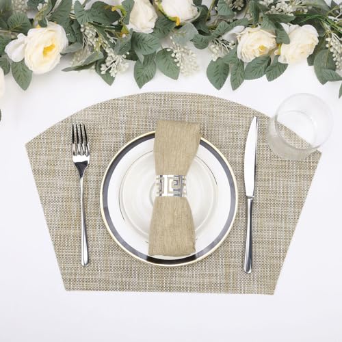 SHACOS Wedge Placemats Set of 4 for Small Round Table Woven Vinyl Curved Placemats Wipe Clean Circle Table Mats Indoor Outdoor, Beige - color: Linen Beige