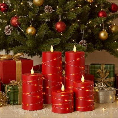 Raycare Red Battery Operated Flameless LED Pillar Candle with Remote Timer - color: 5pcs-Red