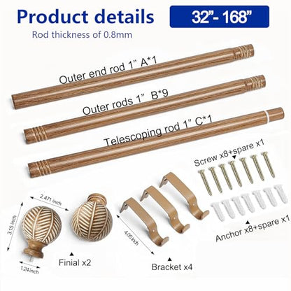 Wood Curtain Rods for Windows: 1 Inch Diameter Adjustable Heavy Duty Curtain Rod 32" to 168" with Imitation Wood Grain Leaf Pattern Finials - color: Wood grain, size: 32"-168"|1 PACK