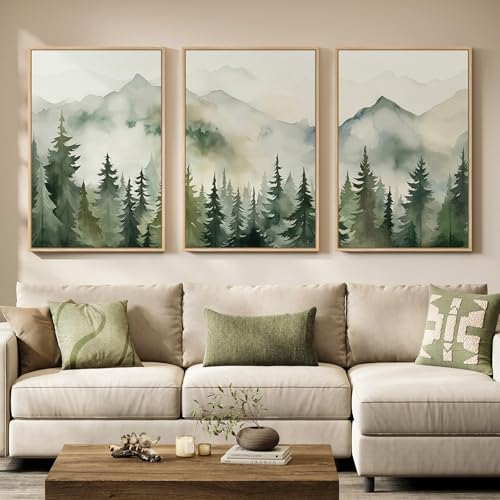 Framed Green Forest Landscape 3 Piece Wall Art for Living Room, 24x36 Inch - color: Neutral Green Forest, size: 24" W x 36" H x 3Pcs