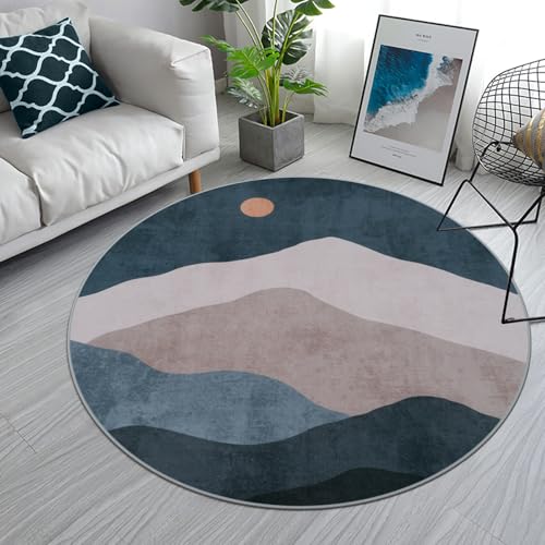 4ft Abstract Round Area Rug, Blue Washable Mountain Sun Circle Rugs - color: Blue, size: 4' (Round)