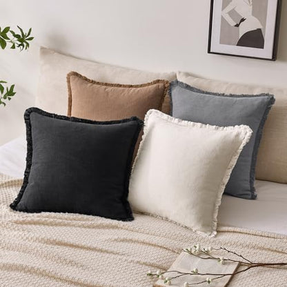 Linen Fringe Throw Pillow Covers 18x18 Inch Set of 2,Black - color: Black, size: 18" x 18" (Pack of 2)