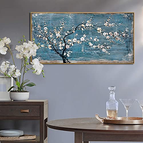 Teal Plum Blossom Canvas Wall Art, Framed, 24"x48" - color: Teal Blue, size: 48"L x 24"W