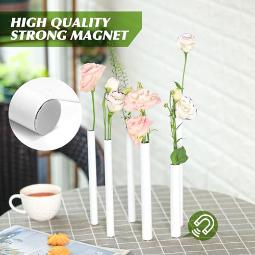Magnetic Bud Vases Set of 6, White Aluminum Small Flower Vases with Stainless Steel Magnetic Bases, Minimalist Single Stem Vase Centerpieces for Wedding Dining Table Home Farmhouse Boho Decor