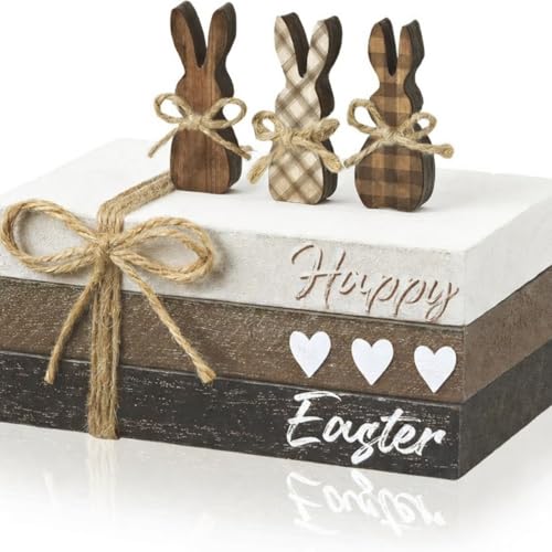 6 Pcs Easter Tiered Tray Decor Wooden Farmhouse Faux Stacked Books Easter Bunny Rabbit Decorative Table Centerpiece Block Signs for Party Home Kitchen Dining Table Decor - size: Happy Easter