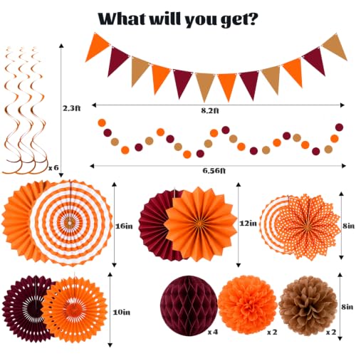 24 Pcs Fall Party Decorations, Burgundy Orange Paper Fans and Pom Poms Set - color: Orange burgundy