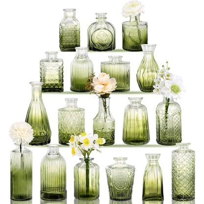 18pcs Green Glass Bud Vase Set, Small Flower Vases for Centerpieces in Bulk - color: Green, size: 18pcs