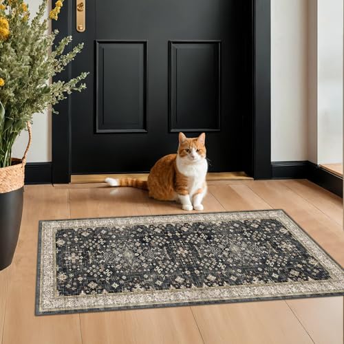 2x4 Entryway Runner Rugs, Small Runners for Kitchen, Door Mat Indoor Entrance, Bathroom, Non-Slip Low-Pile Washable Stain Resistant, Vintage Ashen Charcoal Floral Decor (Ashen/Multi) - color: Ashen / Multi, size: 2' x 4' (Rectangular)