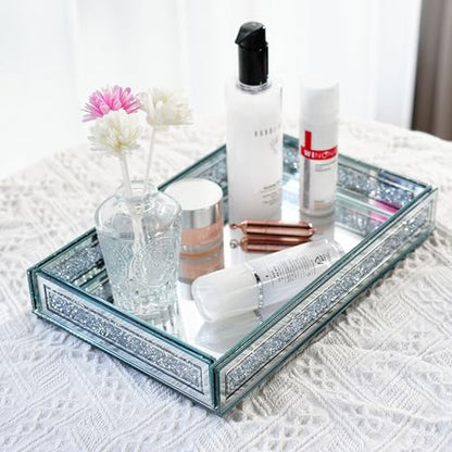 Crush Diamond Mirror Perfume Tray, Silver Glass Mirror Trays for Vanity - color: Clear,rectangular
