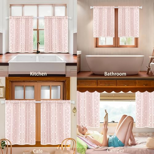 ASPMIZ Linen Pink Kitchen Tier Curtains 36 Inch Length, Double Layered Kitchen Curtain with Linen and Lace, Rod Pocket Window Curtains with Tiebacks, Boho Window Treatments for Bathroom Cafe, 2 Panel - color: Light Pink, size: 26"W x 36"L (Pack of 2), sty