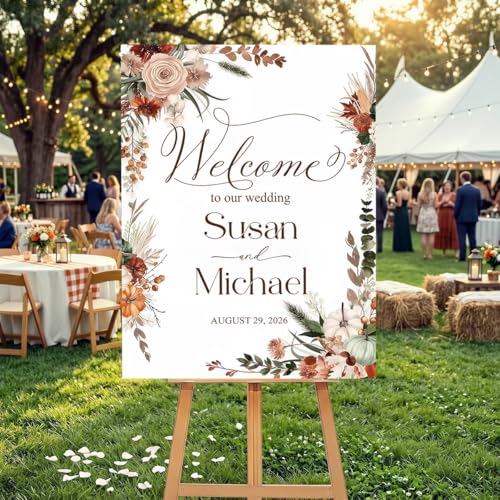 Autumn Welcome To Our Wedding Sign, Welcome To The Wedding Of Sign, Personalized Wildflower Design With Names and Date, Custom Wedding Entrance Sign for Ceremony or Reception Décor Version-18 - color: Versione-18