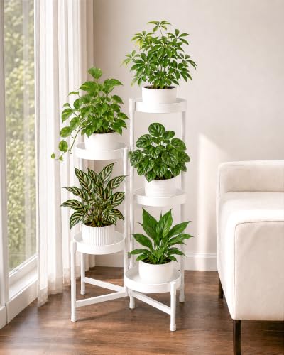 Bamworld Plant Stand Indoor Outdoor 5 Tier Corner Plant Shelf Metal Holder - color: White, size: 5 Tiers