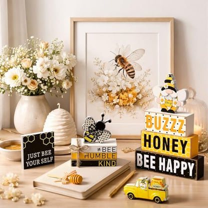 11 Pcs Bee Table Decorations Bee Tiered Tray Decorations Set Gnome Stack Signs Honey Farmhouse Rustic Wooden Table Centerpieces for Home Party - style: Bee