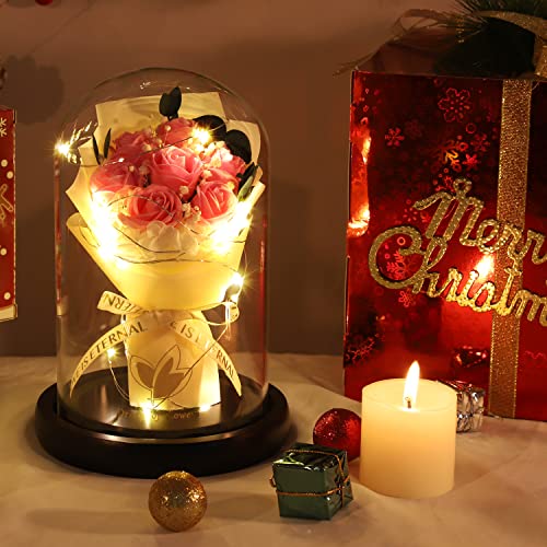 Beauty and The Beast Rose,Lasts Forever Pink Roses,Light Up Rose in Glass Dome,Gifts for Women,Birthday Gifts for Mom,Wife,Grandma,Anniversary,Mothers,Thanksgiving,Christmas Flowers Gifts - color: Pink