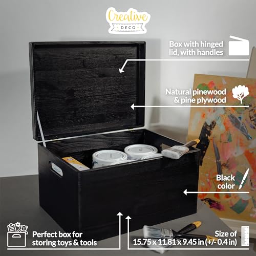 Creative Deco Large Black Wooden Box Storage with Hinged Lid - color: Black, size: XXL | Handles