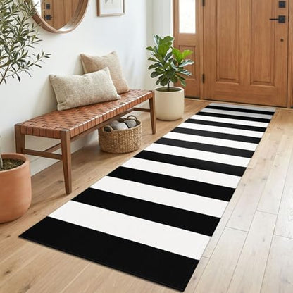 KOZYFLY Black White Striped Runner Rug 2x6 ft Woven Washable Hallway Runner - color: Black and White, size: 2' x 6' (Runner)
