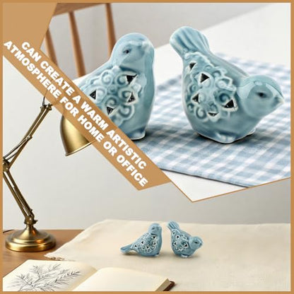 Ceramic Bird Figurines Set of 2, Blue Bird Decor for Shelf Table Desk