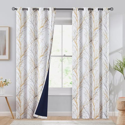 FMFUNCTEX 100% Blackout Mustard Yellow Branch Curtains 84 Inch 2 Panels - color: Grommet | Mustard Yellow, size: 52"W x 84"L (Pack of 2)
