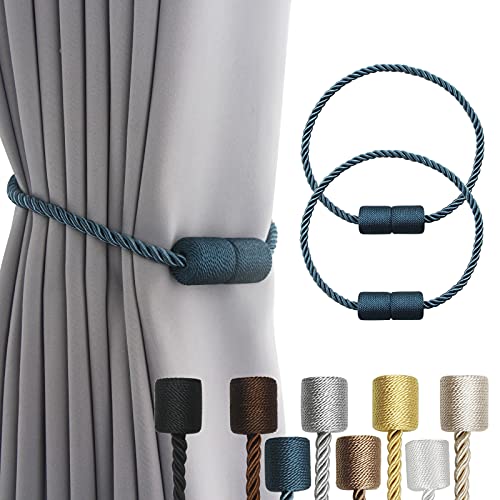 2 Pack Strong Magnetic Curtain Tiebacks Outdoor Elegant Decorative Tie Backs Modern Rope Tiebacks for Drapes Window Curtain Holdbacks for Draperies- Blue - color: Blue