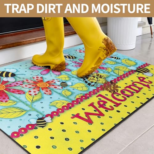 Welcome Mat 17x29 Non Slip Rubber Back Door Mat Outside Entrance - color: Polka-dot Bee