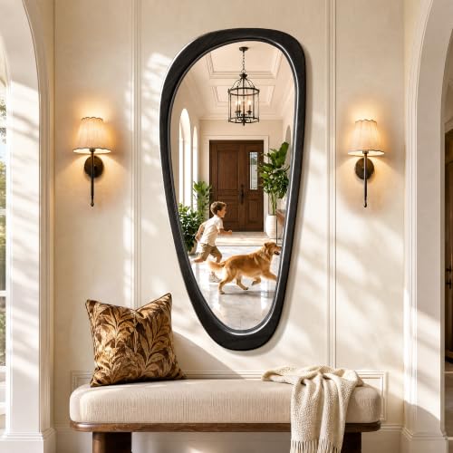 48" x 22" Asymmetrical Mirror, Solid Wood Frame, Irregular Design - color: Black, size: 48"L x 22"W