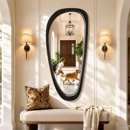 48" x 22" Asymmetrical Mirror, Solid Wood Frame, Irregular Design - color: Black, size: 48"L x 22"W