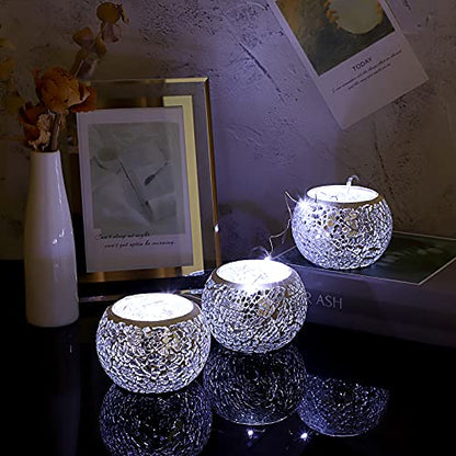 OwnMy 3PCS Mosaic Glass Tea Light Holders Round Bowl Votive Candle Holders - color: Silver