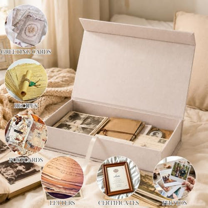 Linen Photo Box, 8×10 Memory Box for Keepsakes Photo Storage Boxes with Lids Stackable for Storing Photos, Postcards, Handwritten Letters, Drawer and Tabletop Organizer, 11.1×8.9×2.5 Inch