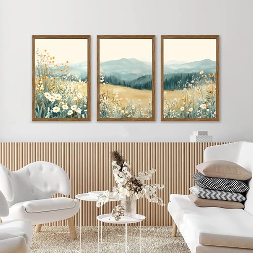 AVECCO 3 Pieces Wildflower Meadow Mountain Framed Canvas Wall Art 20x30 in - color: Mountain flowers, size: 30"L x 20"W
