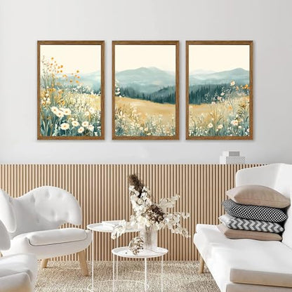 AVECCO 3 Pieces Wildflower Meadow Mountain Framed Canvas Wall Art 20x30 in - color: Mountain flowers, size: 30"L x 20"W