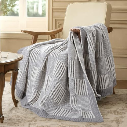 Amélie Home Checkered Chenille Knit Throw Blanket for Couch, Gray 50"x60" - color: Checkered Gray, size: 50" X 60"