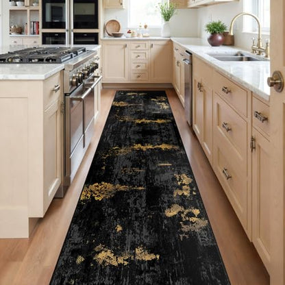 RELEANY Washable Runner 2'x8' Abstract Area Rug for Hallway Black Gold - color: Black/Gold, size: 2' x 8' (Runner)