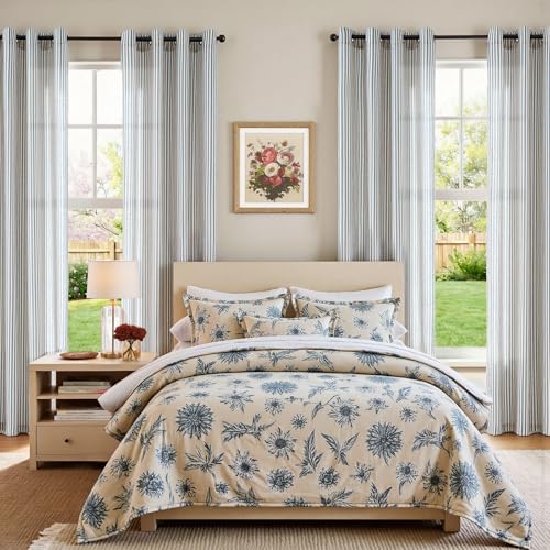 jinchan Linen Curtains 84 Inch Blue Stripe on Linen Grommet 2 Panels - color: Blue on Linen, size: 50"W x 84"L (Pack of 2)