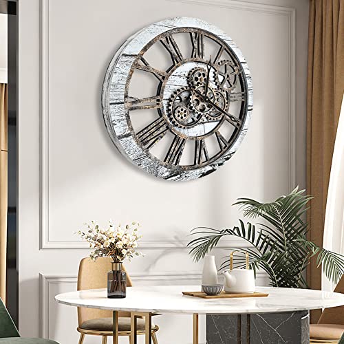 The B-Style Large Wall Clock 24 inch Gray and White - color: Gray White and Bronze Gears, size: 24 inch (60 cm)