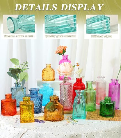 Set of 15 Colorful Glass Bud Vases Small Textured Flower Vases - color: Colorful