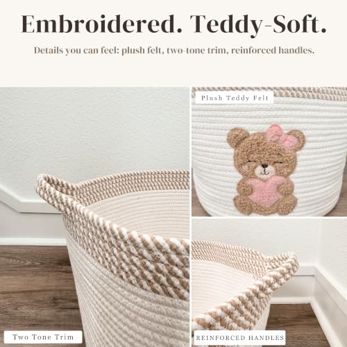 Pink Teddy Bear Baby Storage Basket, Cotton Rope Nursery Bin, 15x11 in - color: Girl Teddy