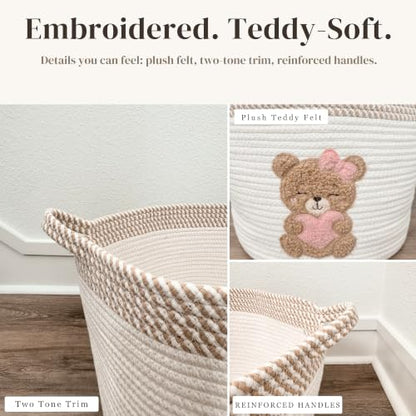 Pink Teddy Bear Baby Storage Basket, Cotton Rope Nursery Bin, 15x11 in - color: Girl Teddy