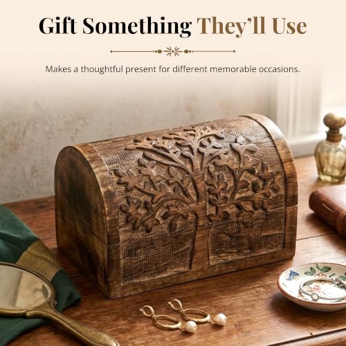 Premium Handmade Wooden Treasure Chest Decorative Trunk for Keepsakes Semicircular Curved Floral Jewellery Box Trinket Box Ladies Jewellery Storage Case Handcrafted Home Decor (Plain Tree)
