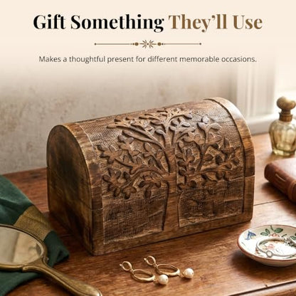 Premium Handmade Wooden Treasure Chest Decorative Trunk for Keepsakes Semicircular Curved Floral Jewellery Box Trinket Box Ladies Jewellery Storage Case Handcrafted Home Decor (Plain Tree)