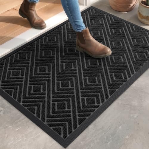 DEXI Front Door Mat Outside Entrance 17x30 Heavy Duty Rubber Entry Doormat | Checkered Black, Dirt Trapper, Non Slip Low Profile Floor Mats for Entryway Exterior Patio - color: Checkered Black, size: 17" X 30" (Rectangular)